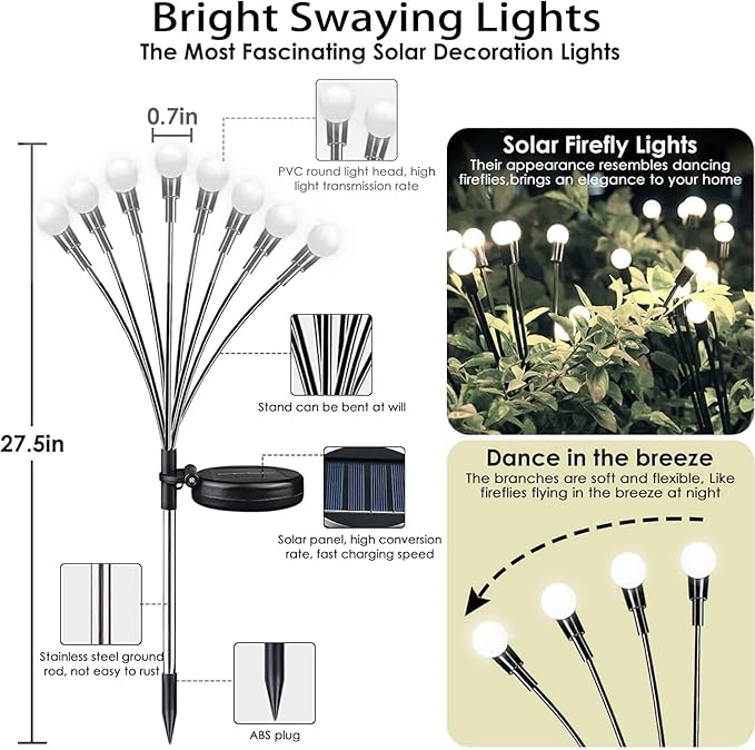 OZS 4-Pack Warm White &4-Pack Cool White Total 64LED Solar Garden Lights - Solar Lights Outdoor, Solar Firefly Lights, Sway by Wind,Solar Fairy Lights Waterproof for Yard Garden Decoration