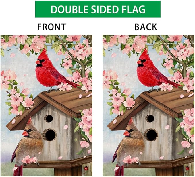 BLKWHT Spring Cardinal Bird Garden Flag 12x18 Vertical Double Sided Pink Flowers Tree Summer Farmhouse Holiday Outside Decorations Burlap Yard Flag BW792
