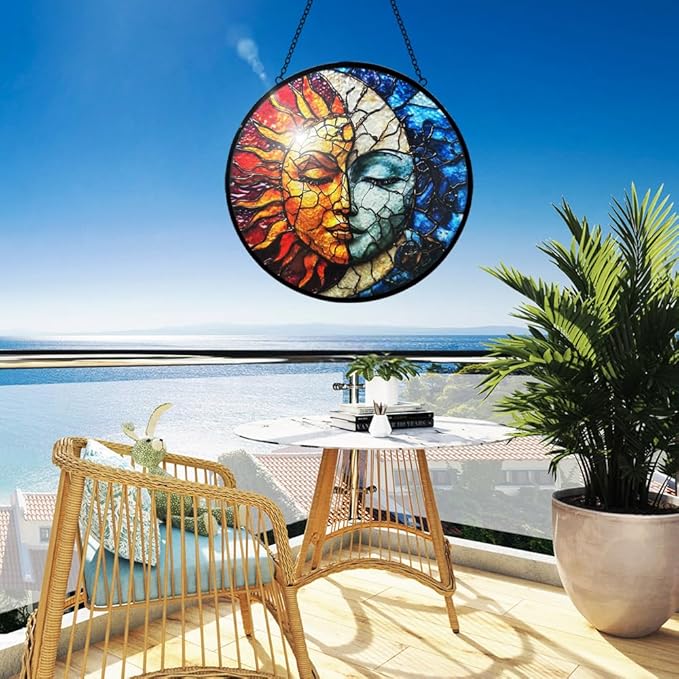 Sun and Moon Decor Suncatcher Stained Glass Window Hanging - Wall Art Stained Glass Suncatchers for Windows Hanging - Home Sun Catchers Indoor Window with Chain - Celestial Decor Gifts for Women Mom