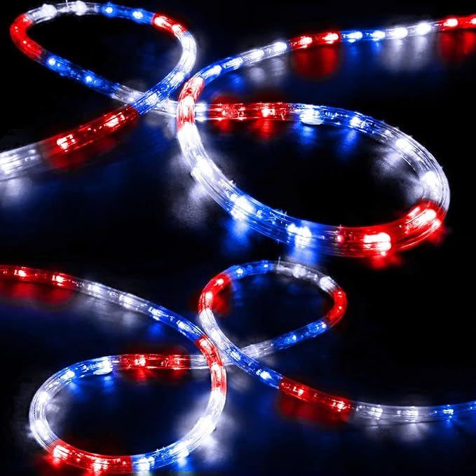 150ft LED Rope Lights Outdoor, 1080 LED Flexible Tube Lights with 8 Modes, Waterproof LED Rope Lighting for Independence Flag Day, Memorial Day, National Day, Outdoor,Indoor Decor (Red & White & Blue)