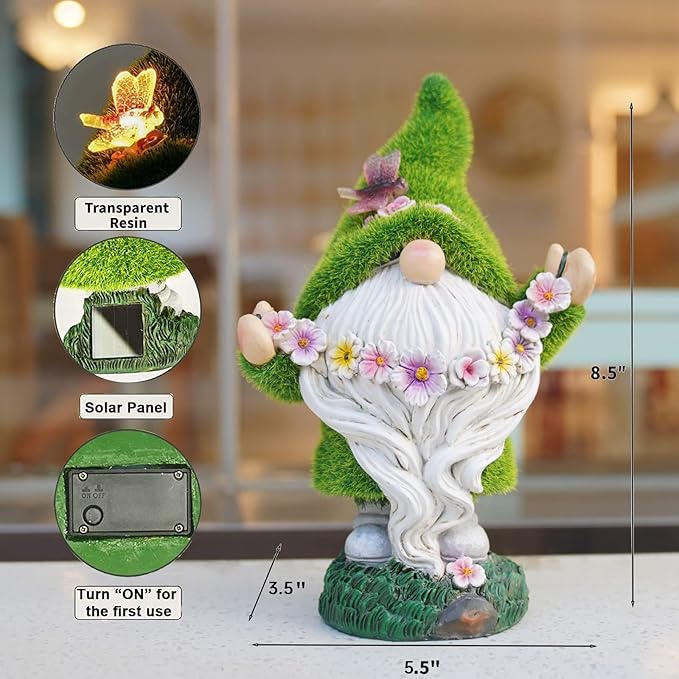 Garden Flocked Gnomes Decor for Yard - Artificial Green Moss Gnome Statue with Solar Light, Dwarf Sculpture for Outdoor Patio Porch Lawn Decor, Spring Decorations for Home