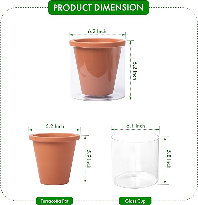 D'vine Dev 6 Inch Design Self Watering Pot for Indoor Plants, Terracotta Planter with Cylinder Glass Cup, Set of 2, 37-Y-B-1