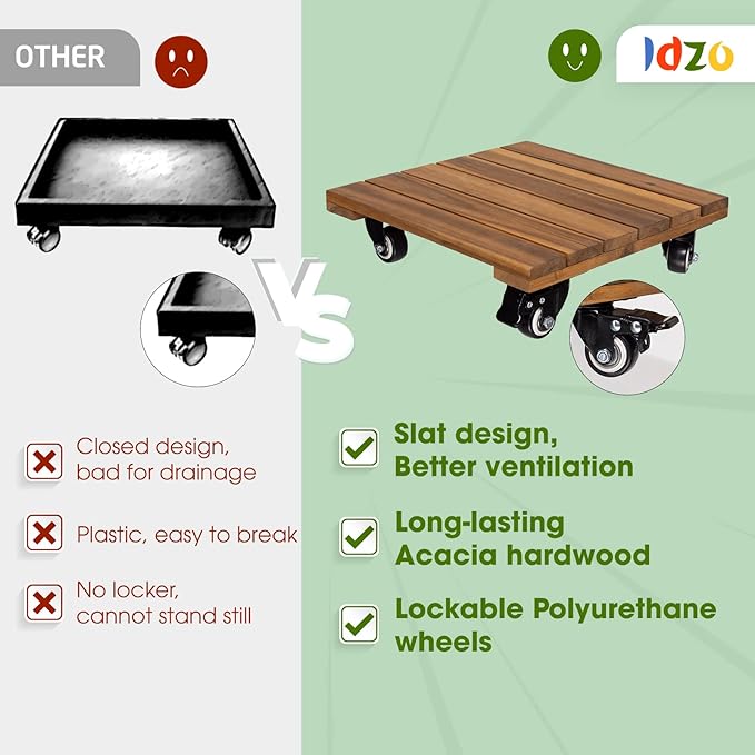 Idzo 2-Pack 14 Inch Wood Plant Caddy with Wheels Heavy Duty, 264 lbs Acacia Hardwood Plant Caster Dolly Rolling Stand with 360° Lockable Wheels for Heavy Plant Pots and Outdoor Use