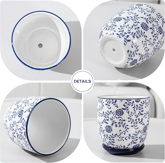 Ceramic Succulent Planter Pots - 4.6 Inch Small Flower Pot with Drainage Holes and Saucers for Indoor Plant, Cactus, Herbs, Outdoor Plants, Home Decor, Set of 4, Vintage Blue