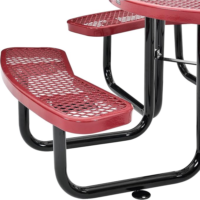 Global Industrial 46" Round Picnic Table, Expanded Metal, Red Thermoplastic Coating, Attached Benches, 1-1/2” Umbrella Pole Hole, Outdoor-Rated, 1000 lb Capacity