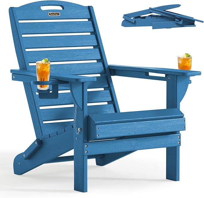 Folding Adirondack Chair HDPE All-Weather Adirondack Chairs with Cup Holder, Outdoor Fire Pit Chairs Lawn Chair for Deck Patio Garden (NavyBlue)