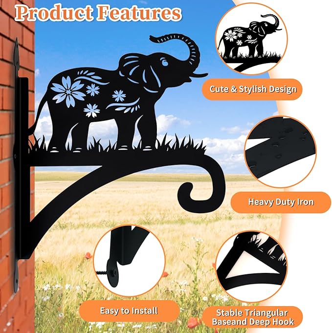 Hanging Plant Hanger Bracket, Heavy Duty Iron Wall Plant Hanger for Bird Feeder, Decorative Baby Elephant Silhouette Plant Hooks Hanging Plant Hangers Outdoor for Wind Chimes Flower Pot Lantern
