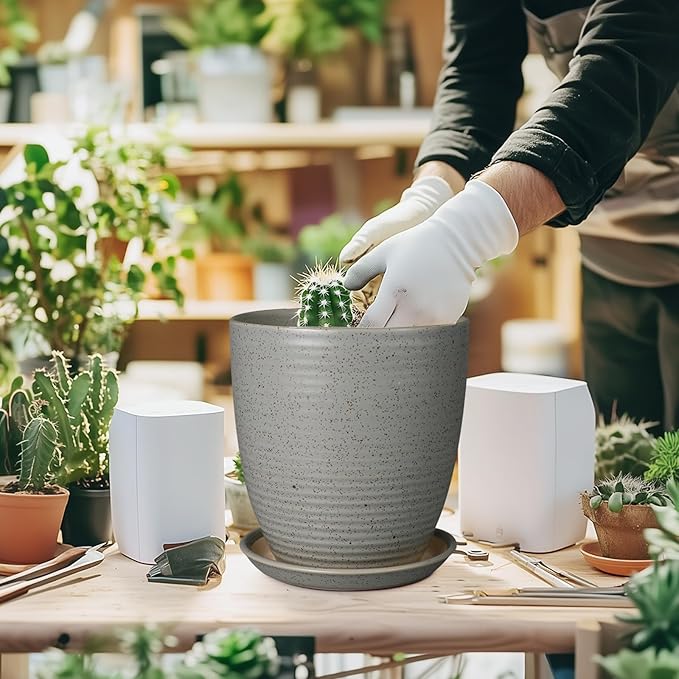 8 Inch Plant Pot Ceramic Planter Pot with Drainage Hole and Saucer Modern Round Flower Pot for Indoor Plants Light Gray