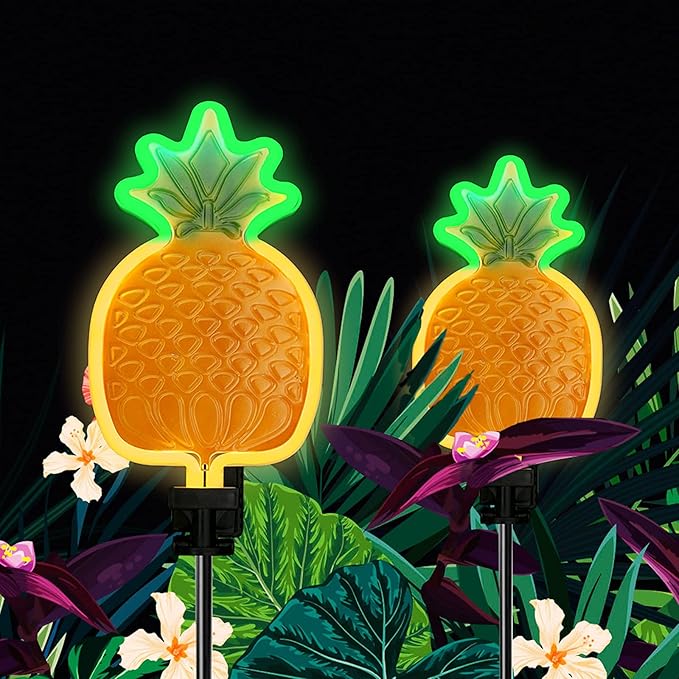 ANGMLN Solar Pineapple Neon Light - 2 Metal Garden Stake Lights 42 inch Path Lighting for Garden Yard Lawn Patio Walkway Decor Gifts for Mom Grandmother