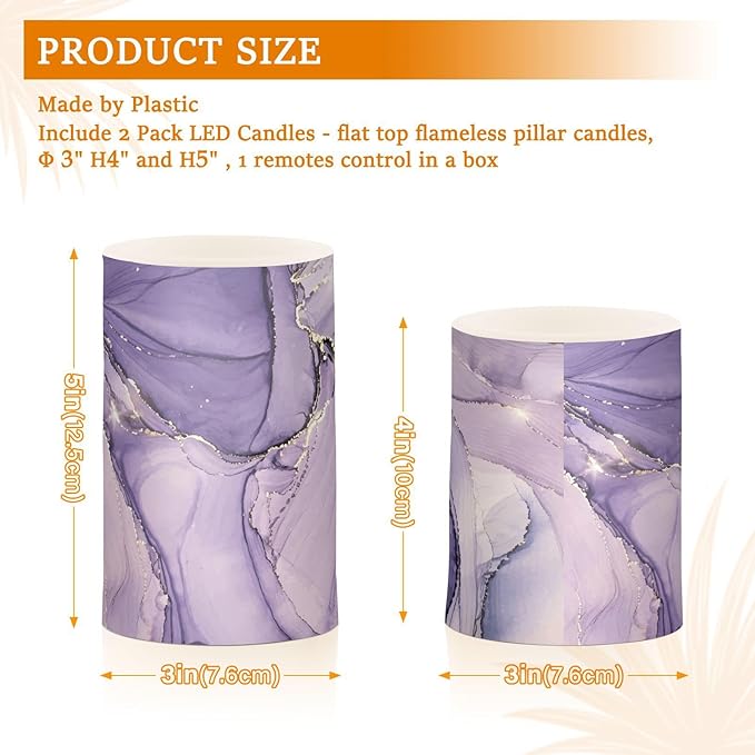 Flickering Flameless Candles, Purple Marble Lavender Liquid LED Candles with Remote Timer, Set of 2 Battery Operated Candle for Valentine Wedding Birthday