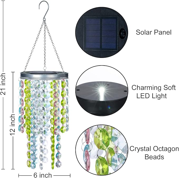 Hanging Solar Lantern Outdoor, 2 Tiers 21” Solar Multicolor Acrylic Beaded Chandelier with Cool White LED S Hooks for Garden Yard Patio Gazebo Outside Decor