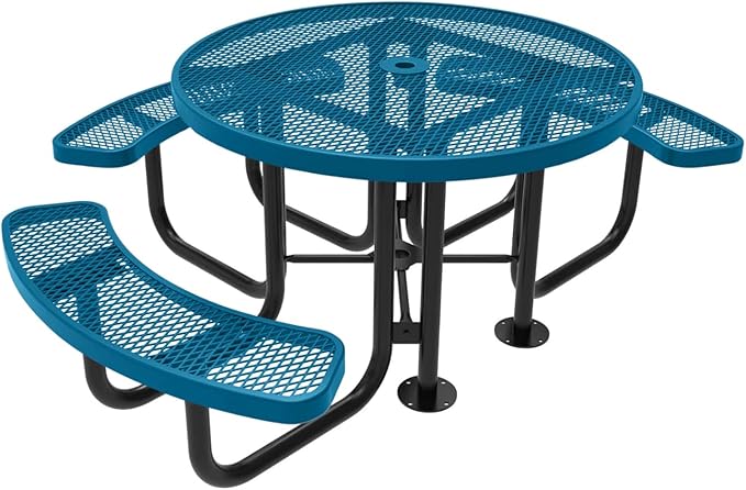 Heavy-Duty Portable Outdoor Picnic Table with Umbrella Hole, Expanded Metal Patio Dining Furniture Made in America (46" Round Top, Light Blue)