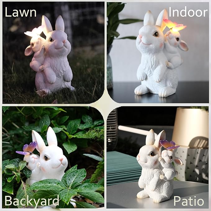 Garden Outdoor Statues Rabbit with Solar Lights,Mother&Baby Bunny Figurine with Solar Butterfly Changing Lights for Yard Art Garden&Patio Decor,Unique Easter&Birthday Gifts for Women Mom Grandma