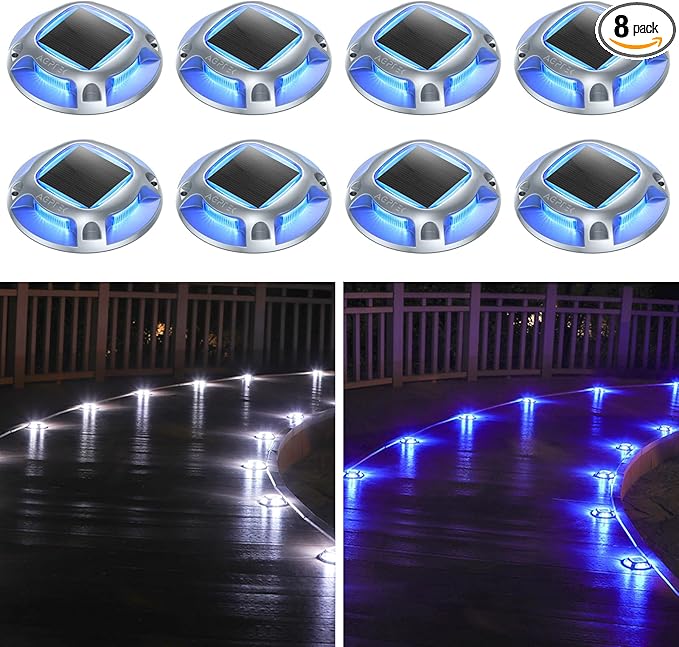 AGPTEK Solar Driveway Lights Outdoor 8 Pack, 2 Color Modes LED Deck Dock Marine Waterproof Security Marker Lights for Step Sidewalk Stair Garden Pathway Walkway Yard(Blue Light/Cool White)