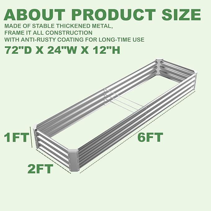 6x2x1ft(2 Pack) Galvanized Raised Garden Bed for Gardening,Metal Planter Boxes Outdoor Patio Kit Planting Bed for Vegetables Flowers Herb,Silver