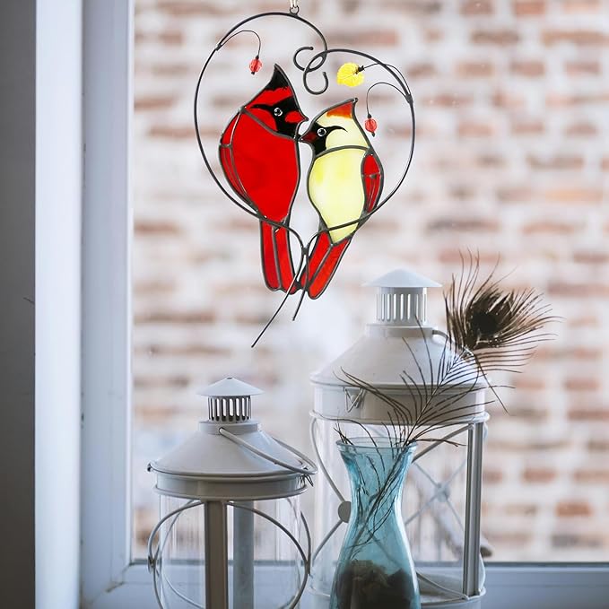 Cardinal Suncatcher Stained Glass for Window Hanging,Cardinal Gifts for Women,Red Birds Sun Catchers Christmas Decoration for Windows,Best Gift for Mom,Memorial Gifts for Birds Lover