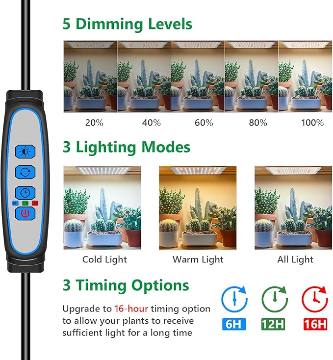 Grow Lights for Indoor Plants, Full Spectrum Under Shelf Plant Lights for Growing Small Plants, Light and Thin 138 LED Plant Grow Lamp Panel with 6/12/16H Timer, 3 Light Modes, 5 Dimmable
