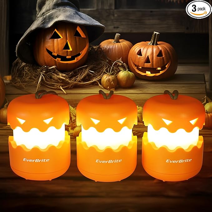 EverBrite 3-Pack Halloween Pumpkin Lantern, Collapsible Jack O Lantern Pumpkins with Lanyard, Halloween Party Favors for Kids, Light up Pumpkin Outdoor for Halloween Party Decoration, Battery Included