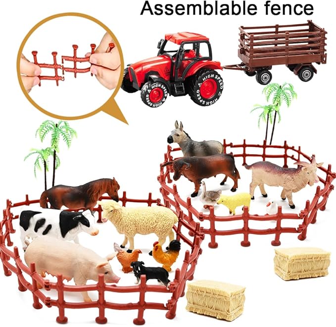 3 Pack Farm Toy Tractor with 40pcs Plastic Animals Figurines and Fence Playset, Farm Figures Farmer Vehicle Toy Truck with Trailer for 3-12 Years Old Kids Boys Girls Toddlers