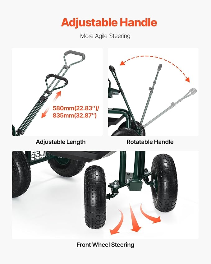 VEVOR Rolling Garden Seat with Wheels, Gardening Stool with Height Adjustable & 360°Swivel Seat, Ergonomic Backrest & Tool Storage, 400lbs Weight Capacity, Garden Scooter Wagon Cart for Yard, Patio