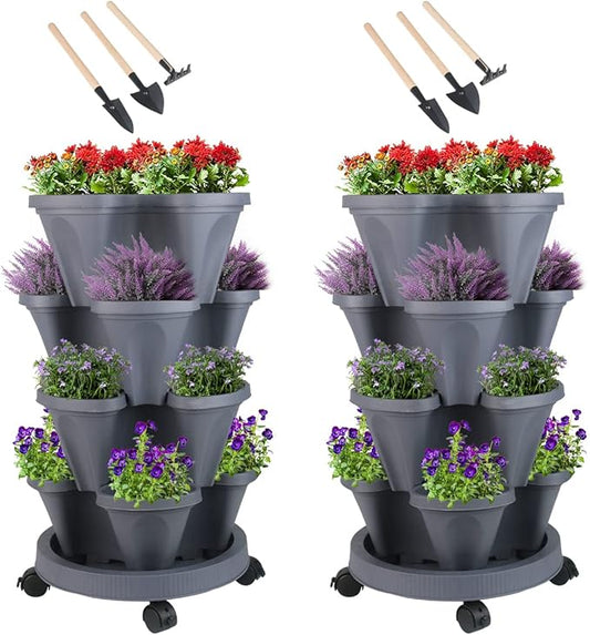 Vertical Planter 4 Tier Stackable Planters Garden Planters Strawberry Herb Flower and Vegetable Planter Indoor Outdoor Gardening Pots with Removable Wheels and Tools
