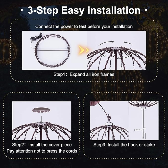 Christmas Ball Light Sphere, 20IN 200LED Hanging Tree Light and Pathway Lights with Hook and Stake, Foldable Metal Frame Light Ball for Outdoor Garden, UL Listed, Brown Frame, Warm White