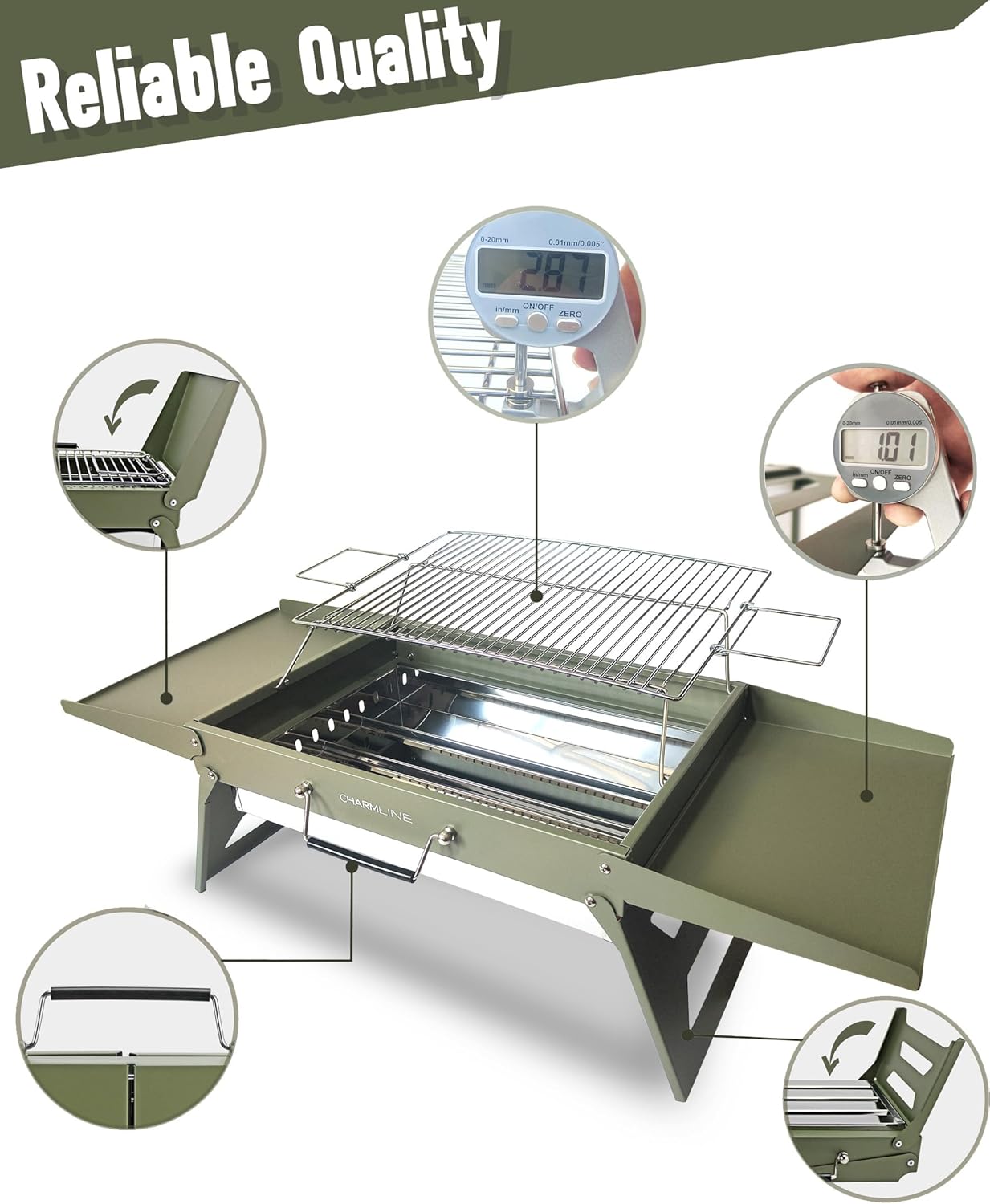 Charmline 20x14inch Big Desktop Charcoal Grill, Liftable Grilling Net, Saving Space Grill for Indoor and Outdoor, BBQ Grill for Camping, Gardens, Picnics, Beach Parties, Green, Max