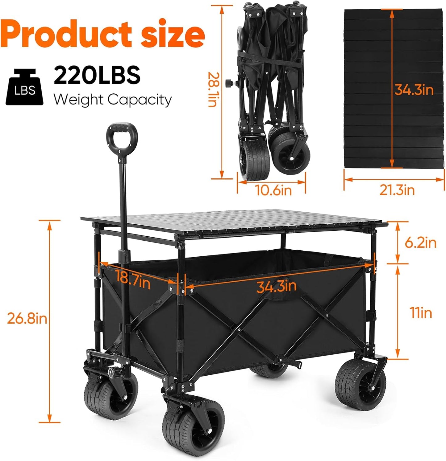 Collapsible Wagon with Table, Large Capacity Foldable Wagons Carts, Beach Wagon with Big Wheels, Heavy Duty Beach Car Utility Wagon for Outdoor Park, Shopping, Sports, Camping, Garden