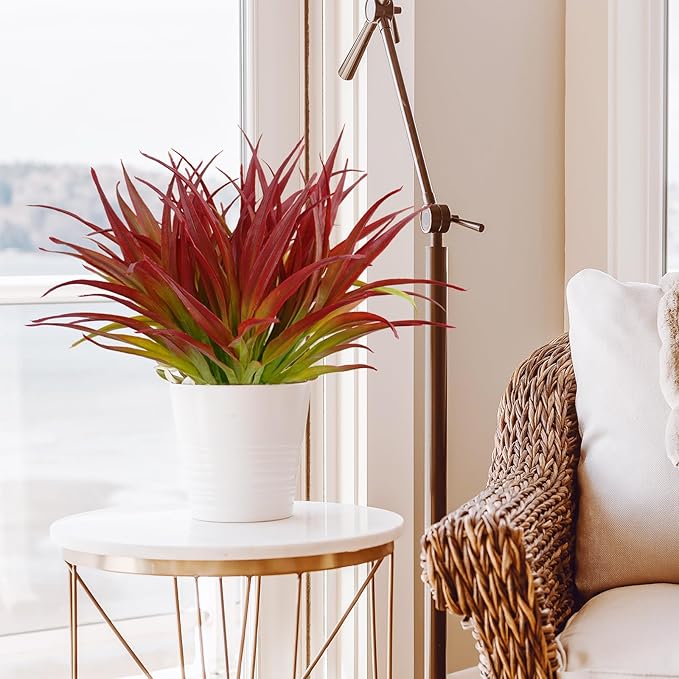 16Pcs Artificial Grass Fake Plants 17.3in Outdoor Plants UV Resistant Greenery Stems Fake Grass for Home Window Garden Office Patio Pathway Front Porch Décor Light Green & Red