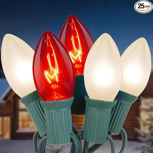 25ft C9 Red and White Christmas Lights,Waterproof C9 Christmas String Lights With 26 Red White bulbs,Commercial Christmas Lights Outdoor for Garden House Xmas Garland Christmas Tree Decorations