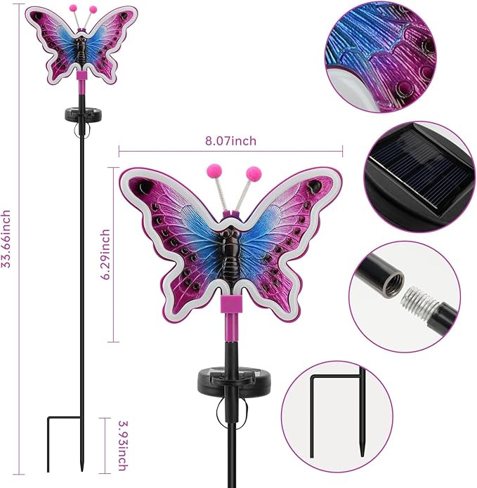 Butterfly Solar Lights, Solar Butterfly Outdoor Light, Garden Decor,Neon Butterfly Garden Lights for Outside, Yard, Pathways,Patio, Lawn, or Landscaping Decor (Amaranth, 2 Pack)