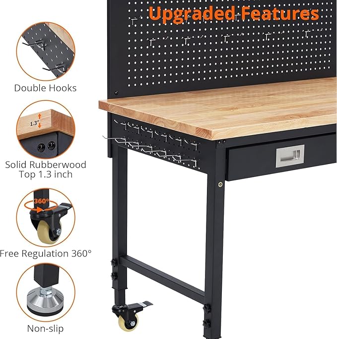 48'' Adjustable Workbench on Wheels, 2000LBS Heavy Duty Worktable with Power Outlets & Drawers & Pegboard, Rubberwood Workstation for Workshop, Garage, Office, Home