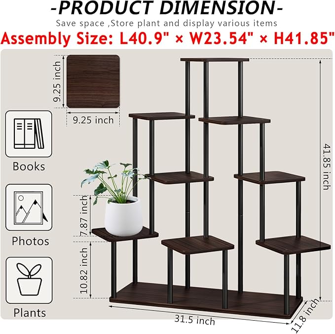 AZERPIAN Plant Stand 9 Tier Indoor Metal Flower Shelf for Multiple Plants Corner Tall Flower Holders for Patio Garden Living Room Balcony Bedroom, Black Oak