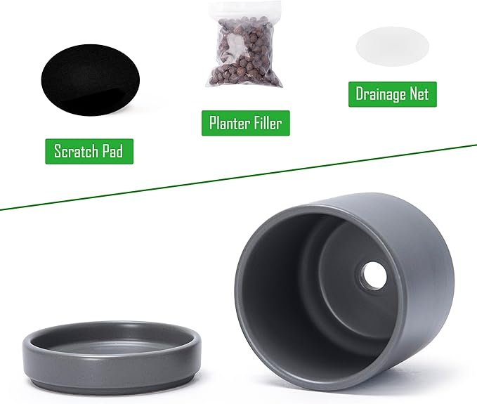 D'vine Dev 3.5 Inch & 4.7 Inch Ceramic Planter Pots for Plants with Drainage Hole and Saucer, X-Small Plant Pots Set, Speckled Grey, 94-G-XS-3