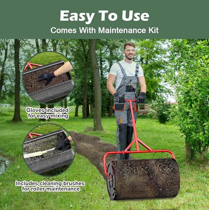 Compost Peat Moss Spreader for Lawn, 24 Inch Compost Roller Spreader with Adjustable T-Shaped Handle, Upgraded Side Clasps, Durable Lightweight Metal Roller, Lawn Garden Yard Care (Black)