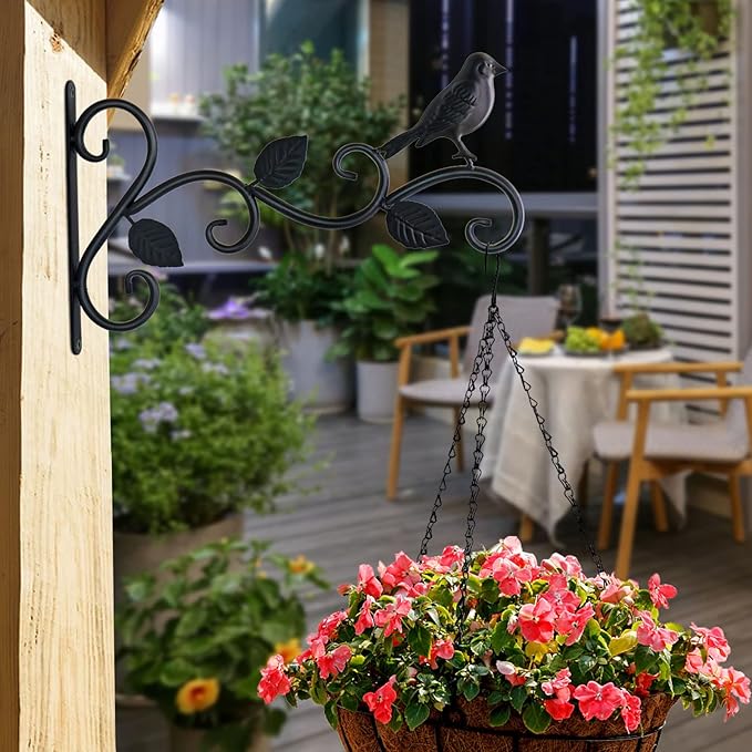 Hanging Plants Bracket 12" Bird Planter Outdoor Hooks Hangers for Flower Baskets Pot Bird Feeder Wind Chimes Lanterns Patio Garden Outdoor Indoor Metal Black, 2 Pack