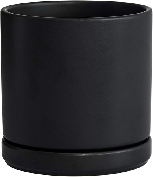 D'vine Dev 6 Inch Ceramic Planter Pot with Drainage Hole and Saucer, Indoor Cylinder Round Flower Pot, Black, 94-O-C-2
