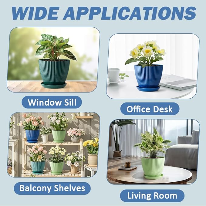 6 Pack Plant Pots with Drainage Holes and Saucers 6 Inch Plastic Planter with 3 Colors Indoor and Outdoor Flower Pots