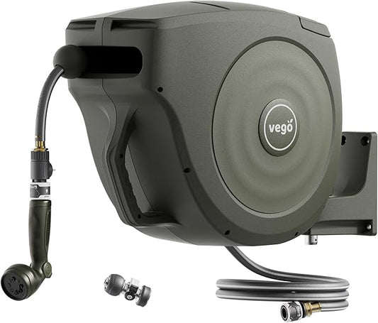 Vego Garden Hose Reel Retractable Hi-Flow x 100ft Wall Mounted Hose Reel Automatic Rewind, Any Length Lock with 9 Patterns Sprayer Nozzle, Quick Connector and Adjustable shot Nozzle-Seaweed Green