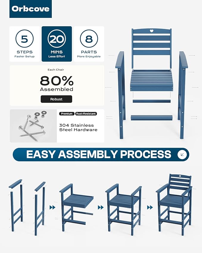 5-Piece Bar Height Outdoor Table and Chairs Set, HDPE Wood Grain Patio Bar Table and Chairs with Heart Cutout Design, Weather-Resistant Bar Height Furniture for Deck, Porch, Pool (Navy Blue)