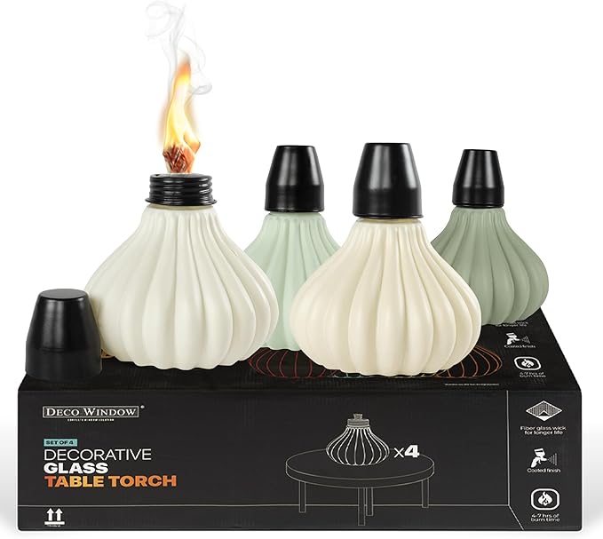 Deco Window Pack of 4 Table Torch for Indoor Outdoor Citronella Oil Tabletop Ceramic Lamp Landscape Multicolored Lantern with Fiberglass Wick & Cap for Garden Patio Yard Party Decor Light