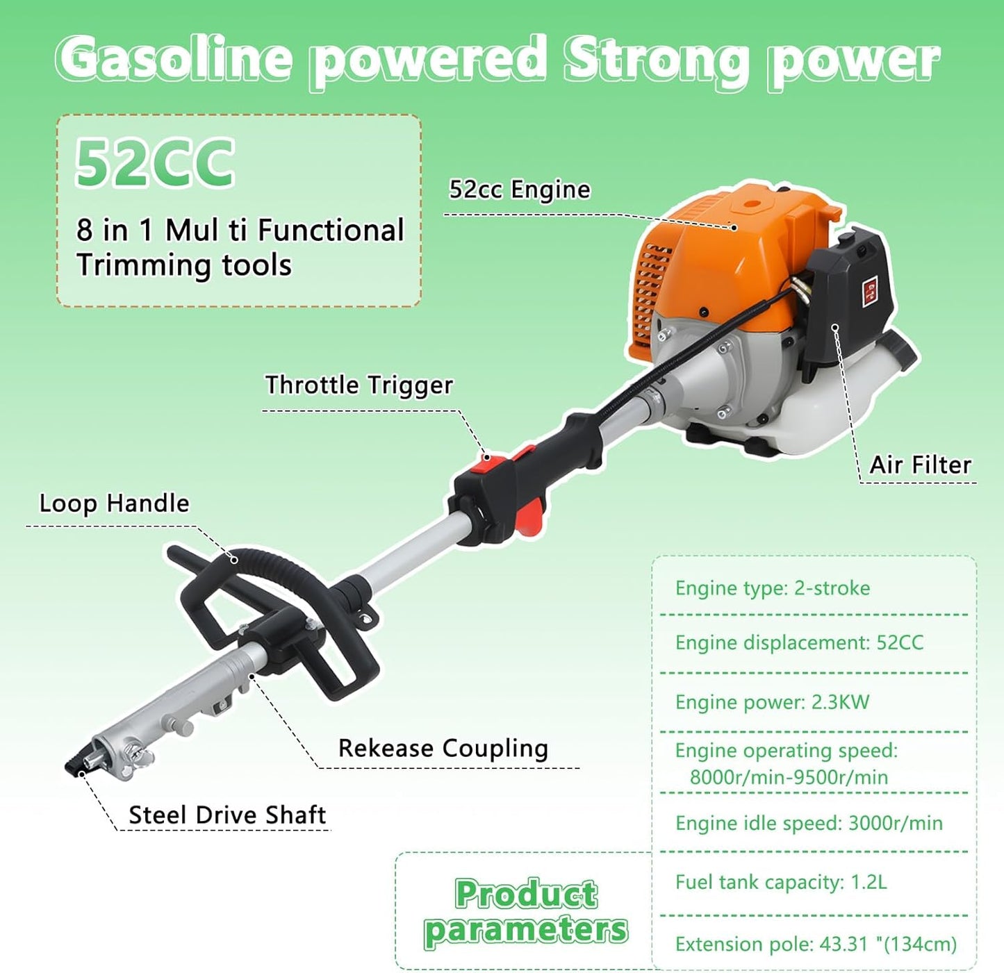 52cc 2-Cycle Gas Weed Wacker,8 in 1 Gas Powered Weed Eaters,2025 Upgrade 9500rpm String Trimmer,Weed Eater, Brush Cutter, Edger,Pole Saw Chainsaw with Extension Pole,Gas Powered Yard Tool (Orange)