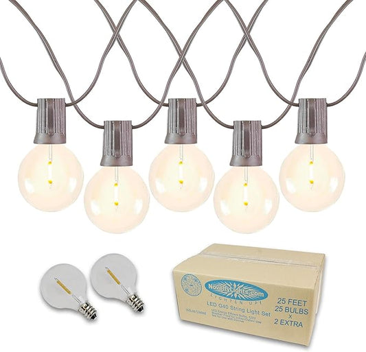 Novelty Lights 25 Feet G40 LED Patio String Lights with 25 Bulbs, Warm White, Weather Resistant and Shatterproof Replaceable Plastic Globe Bulbs, Brown Wire