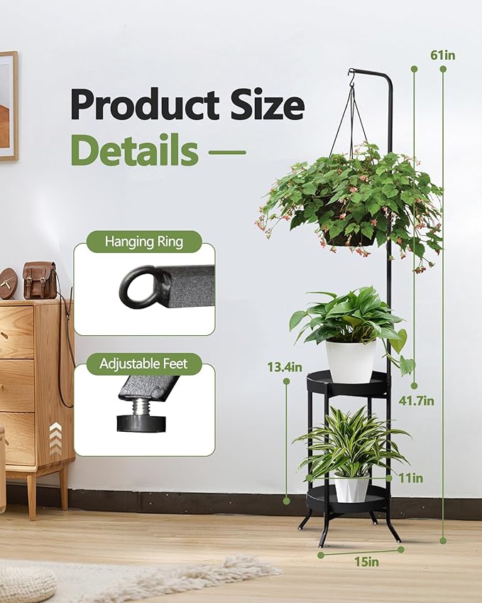 2Pcs Hanging Plant Stand Indoor Outdoor, Space-Saving Corner Metal Plant Shelf 3 Potted Flower Pot Stand, 2 Tier 61" Tall Modern Planter Holder for Patio Garden Balcony Living Room Bedroom