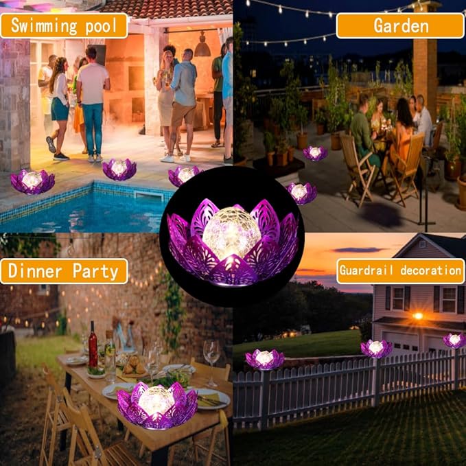 12 inches Solar Lights Outdoor Garden, Crackle Globe Glass Lotus Decoration, Waterproof LED Metal Flower Lights for Patio,Lawn,Walkway,Tabletop,Ground Gardening Gifts (Purple Hollow)