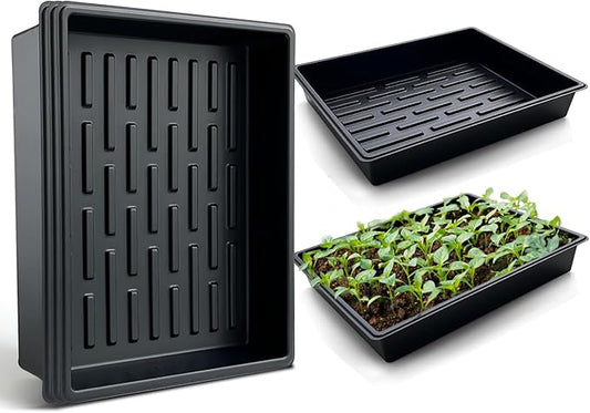 Seed Starter Tray, 5 Packs Plant Tray, Durable Plastic Growing Trays, Stackable Seedling Starter Trays Perfect for Indoor, Outdoor, Greenhouses, 16.5" L x 13.2" W x 2.8" H - Black