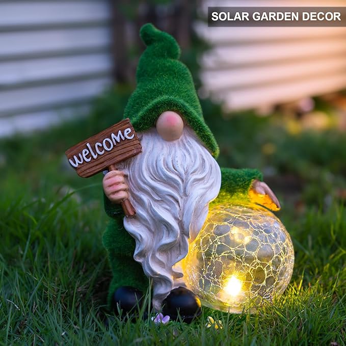 Gnome Garden Statue Figurine Decor with Solar Lights, Outdoor Garden Succulent Ornaments Waterproof Decoration for Outside Patio Yard Lawn Decor