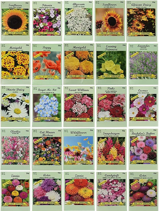 25 Flower Seed Packets Including 10+ Varieties - May Include: Forget Me Nots, Pinks, Marigolds, Zinnia, Wildflower, Poppy, Snapdragon and More - Made in The USA
