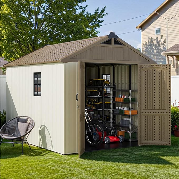 Patiowell 8 x 10 FT Resin Outdoor Storage Shed with Floor, Plastic Shed with Window and Lockable Door for Garden, Backyard, Tool Storage Use, Easy to Install in Brown (Kick-it Shed)