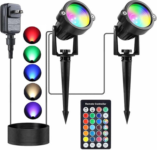 Yard Spot Lights, 10W Colored Spotlights Waterproof Memory Dimmable Remote Control with Timer Spiked Stand for Outdoor Landscape Lawn Garden Porch Pathway, 2 in Set